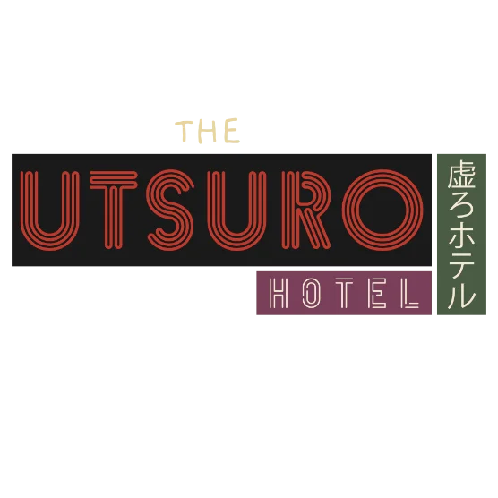 The Utsuro Hotel logo: UTSURO in red neon-style outlined lettering on a black sign, with HOTEL beneath it and 虚ろホテル on a green vertical panel.