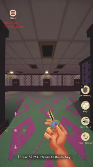 Portrait mobile view: the player holds a Floor 3 maintenance room key in a carpeted corridor.