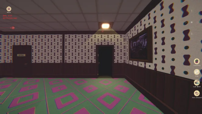 A carpeted junction lit by a single ceiling lamp, a framed picture on the right-hand wall and an open dark doorway ahead.