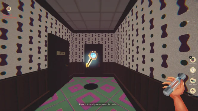 A floor key hanging lit in the corridor ahead while the player holds a fuse, with the prompt “Fuse — use at power panel to restore…” at the bottom of the screen.